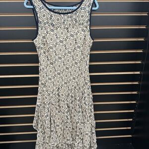 Robbie Bee Navy and White Sleeveless Midi Dress with Ruffle Skirt